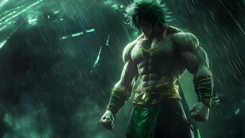 Muscular green-haired warrior under heavy rain at night.