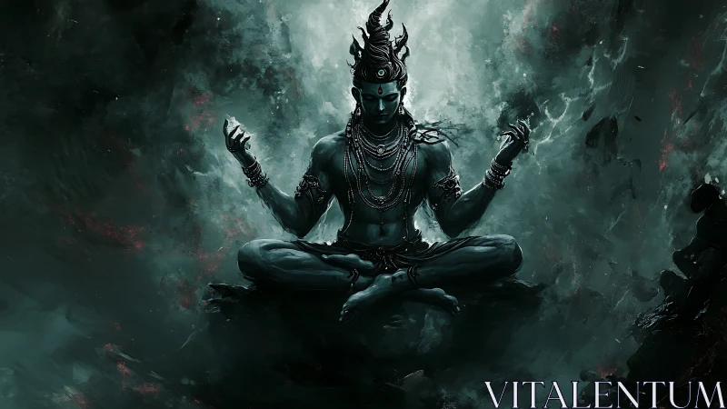 Storm-lit cosmic yogi poised in swirling celestial dusk.