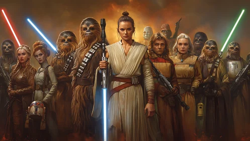 Group of sci fi warriors with energy weapons in formation.