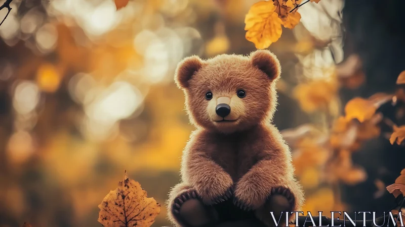 Cozy teddy bear nestled in golden autumn daydream woods.
