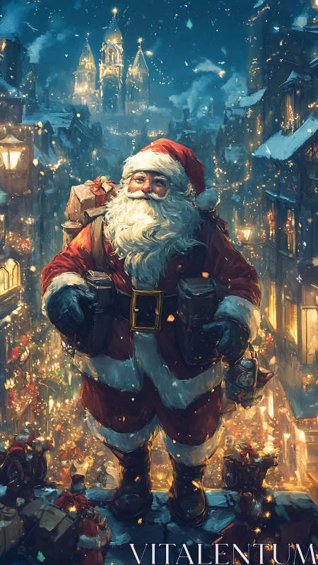 Santa stands above snowy festive city street at night