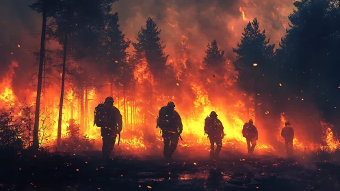 Wildfire Firefighter Team Silhouettes Advancing Through Intense Forest Inferno.