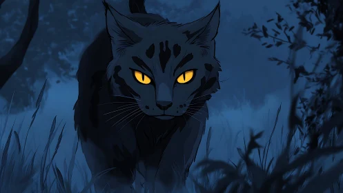 Moonlit dark cat with yellow eyes moving through grass.