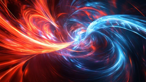 Red and blue energy streams swirling in abstract vortex.