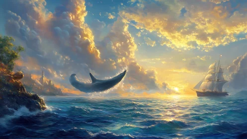 Whale breaching seascape with sailing ship at sunset.