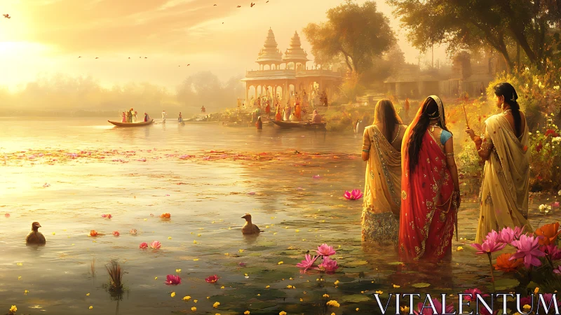 Sunlit riverside temple ritual with women in vivid saris at dusk