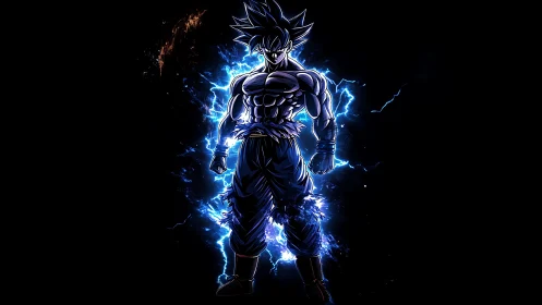 Muscular anime warrior stands charged with blue lightning energy