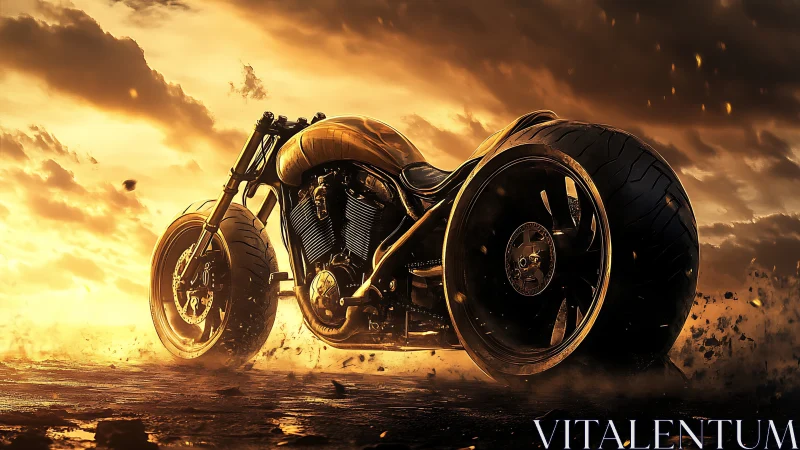 Low-angle view shows custom motorcycle racing across wasteland