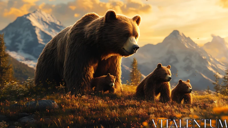 Gentle bear family wandering through glowing mountain meadow.