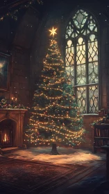 Gothic hall Christmas tree with warm cinematic lighting.