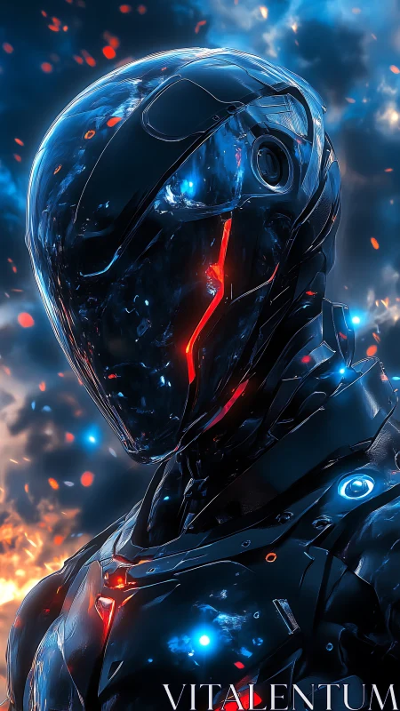 Armored cybernetic warrior emerges amid blazing neon storm