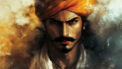 Intense warrior portrait merges painterly light and smoke effects