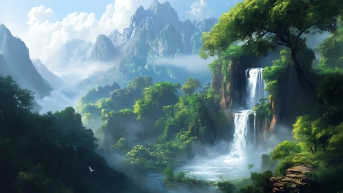 Mist-kissed valley where emerald cliffs cradle twin falls.