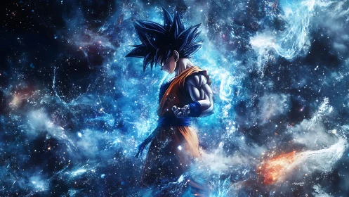 Celestial energy warrior in blue aura within cosmic nebula