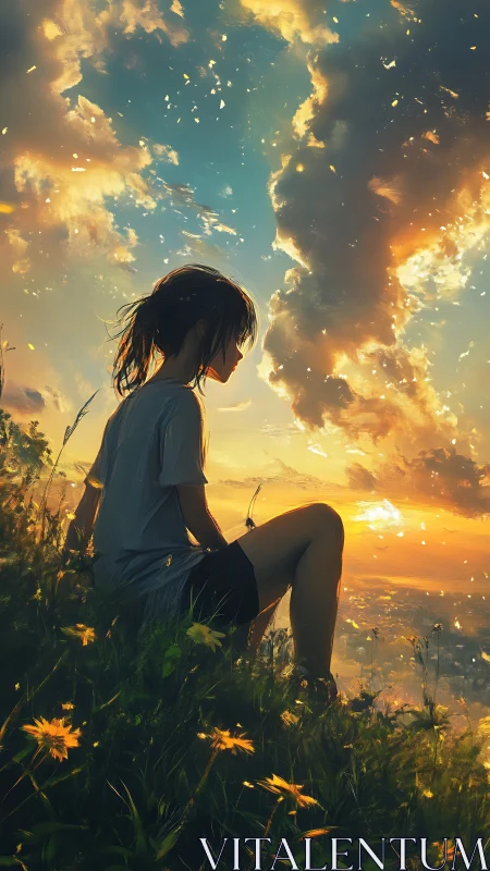 Sunset dreamer perched on a wildflower hill of golden quiet.