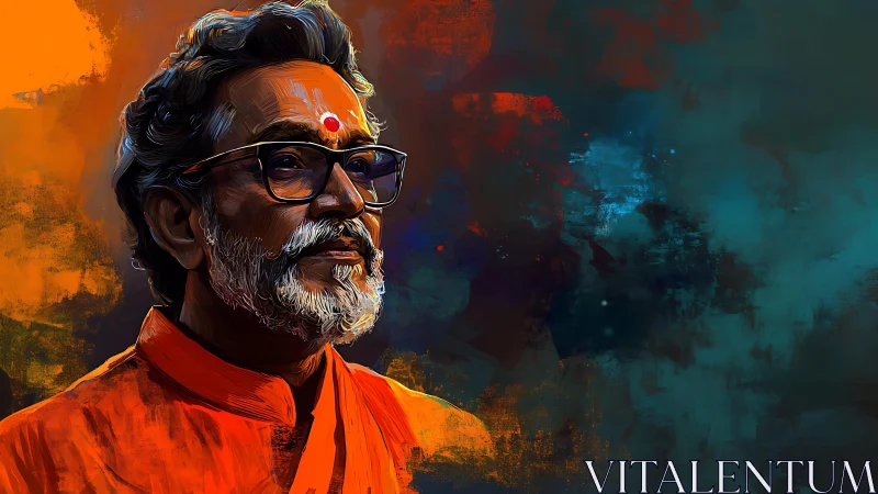 Elderly man in orange clothing rendered as digital portrait