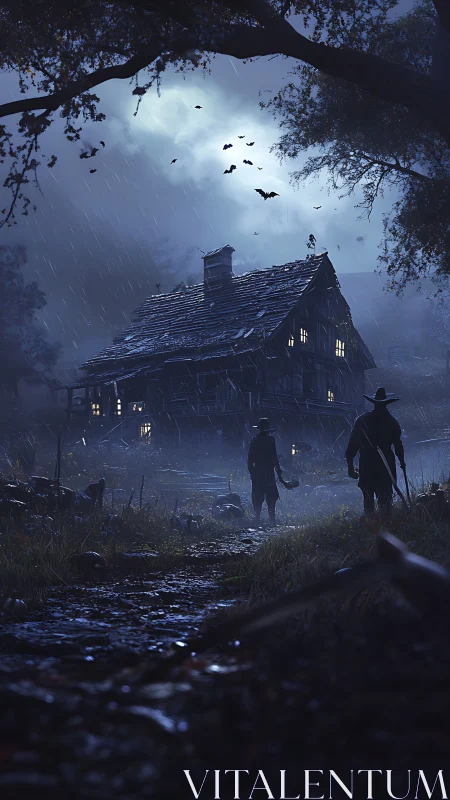 Midnight strangers approaching the sagging stormlit shack.