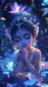 Luminous child in lotus-crowned waters of quiet wonder.