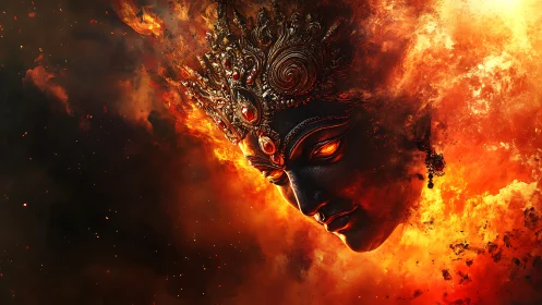 Digital painting of fiery divine mask in asymmetric composition.