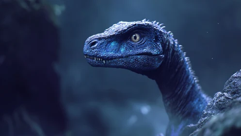 Blue raptor watches silently in a misty prehistoric forest