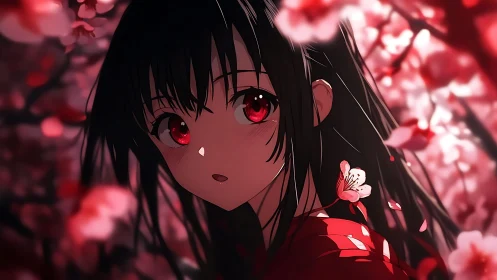 Red eyed anime girl stands under glowing cherry blossoms
