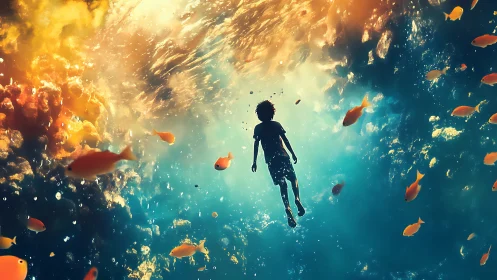 Digital painting of child drifting through luminous reefscape.