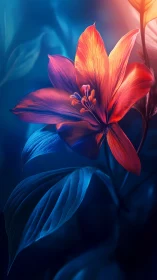 Luminous Red Flower Against Deep Blue Background.