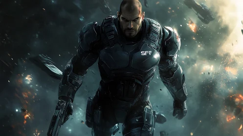 Armored space soldier advances through explosive battlefield.