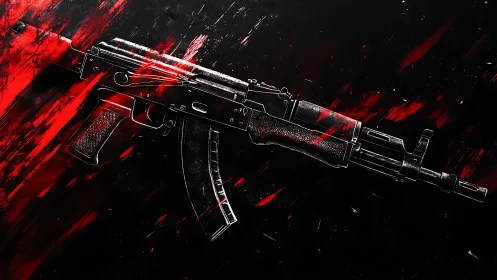 Stylized assault rifle outlined against violent red streaks.