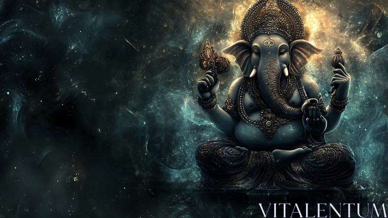 Cosmic elephant sage seated in swirling nebula hush.