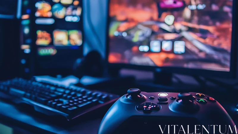 Neon night console waits before a glowing gaming realm.