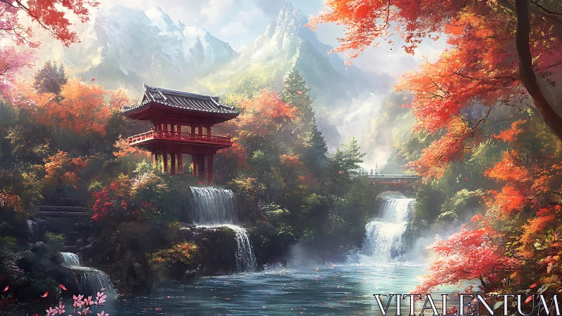 Scarlet pagoda dreaming above misty mountain waterfalls.