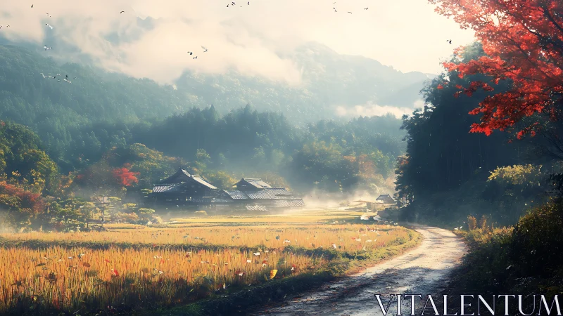 Mist-draped mountain village dreams in autumn gold fields.