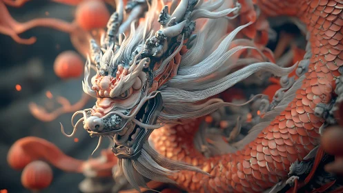 Coiled scaled dragon sculpture in detailed digital rendering.