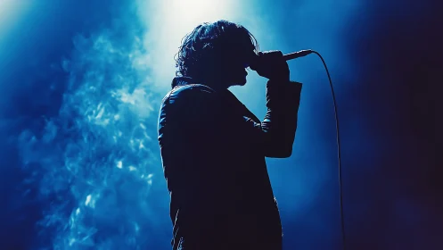 Silhouetted vocalist in concert backlight, high-contrast photorealism.