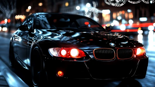 Nocturnal BMW coupe with specular highlights and bokeh glow.