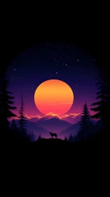 Celestial-gradient wolf silhouette against neon alpine sun.