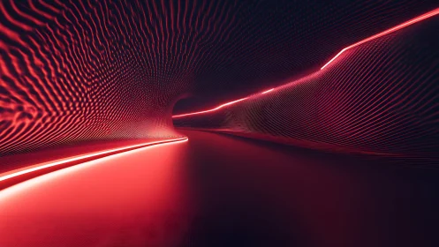 Neon waveform tunnel with red light streaks in abstract motion.