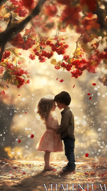 Children beneath red rowan tree with falling petals and bokeh lights