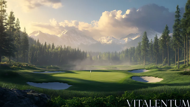 Mountain golf green with sand bunkers and pine forest edge.