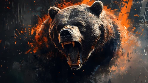 Roaring ember-clad grizzly rips through splattered twilight