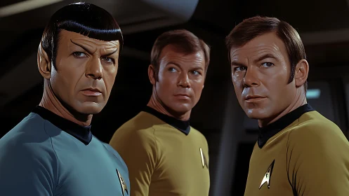 Triadic starship officers framed in dramatic studio lighting