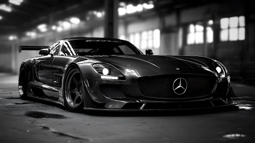Monochrome Mercedes race coupé rendered with dramatic studio contrast
