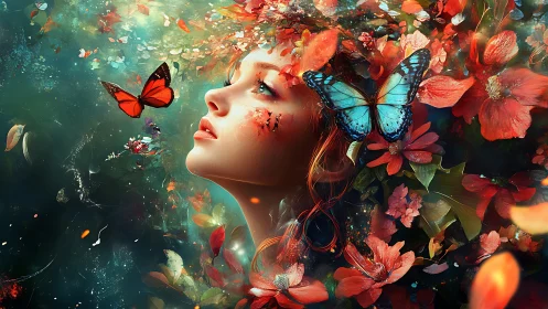 Female profile amid butterflies and red floral elements.
