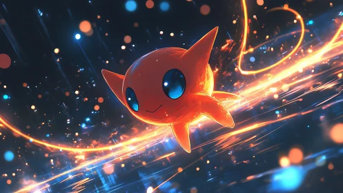 Glowing orange creature flying through neon energy trail.