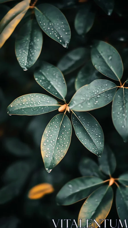 Raindrops rest on elongated green leaves in soft focus