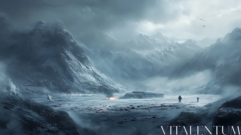 Glacial crash site beneath storm-wreathed alien peaks.