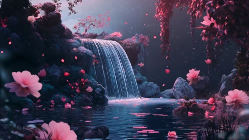 Bioluminescent twilight waterfall with pink floral overgrowth