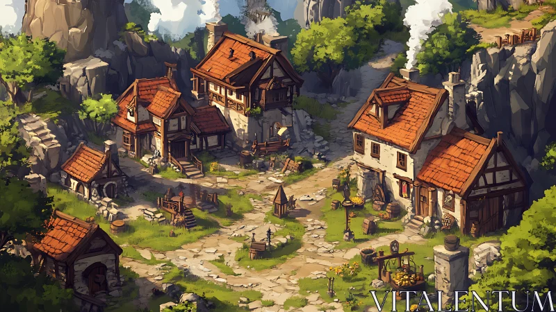 Sunlit mountain village square buzzing with gentle daily life.