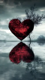 Bleeding Heart Over Water: Surreal Landscape with Crimson Heart-Shaped Form